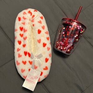 Valentine’s Day slippers and tumbler, NEW!